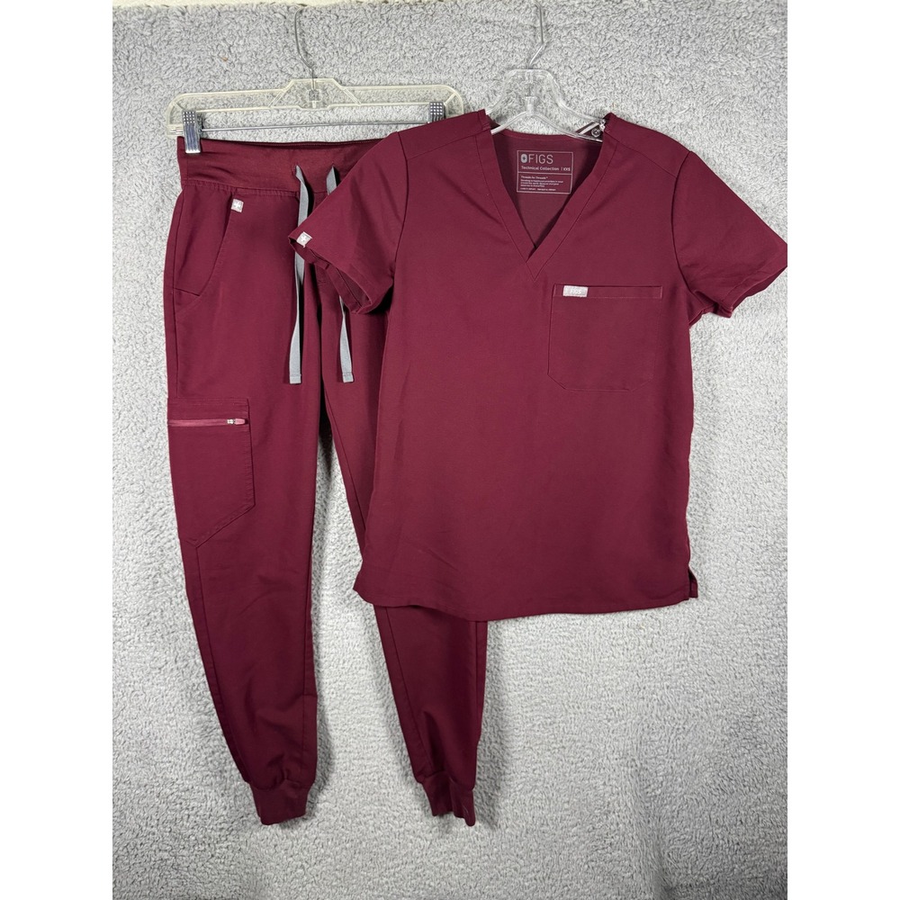 Figs Technical Collection Scrub Set XXS Burgundy V-Neck Top Jogger Pants FW1000